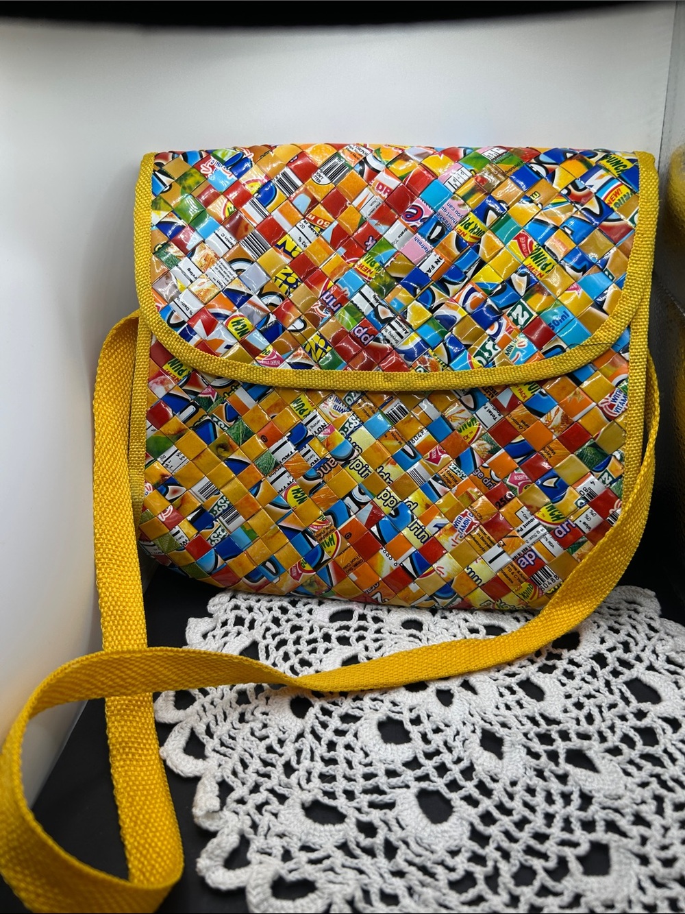 Handwoven Multicolor Crossbody Bag with Yellow Accent